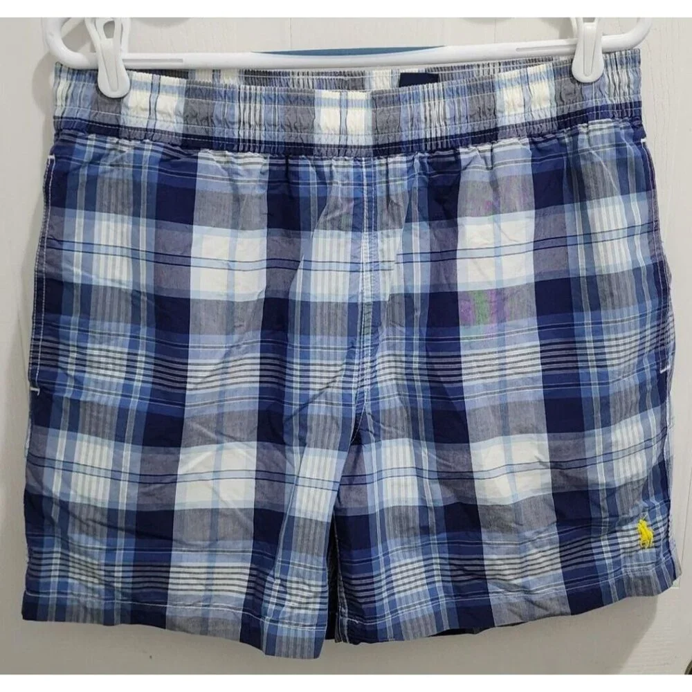 Polo Ralph Lauren Blue Plaid Drawstring Swim Shorts Trunks Size M‎ Yellow Pony